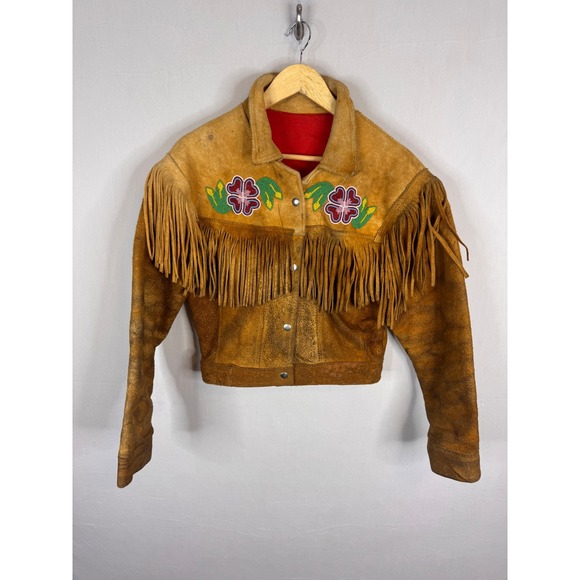 Vintage Jackets & Blazers - Vintage Buckskin Western Beaded Fringe Jacket Leather Floral Native Crop Women S